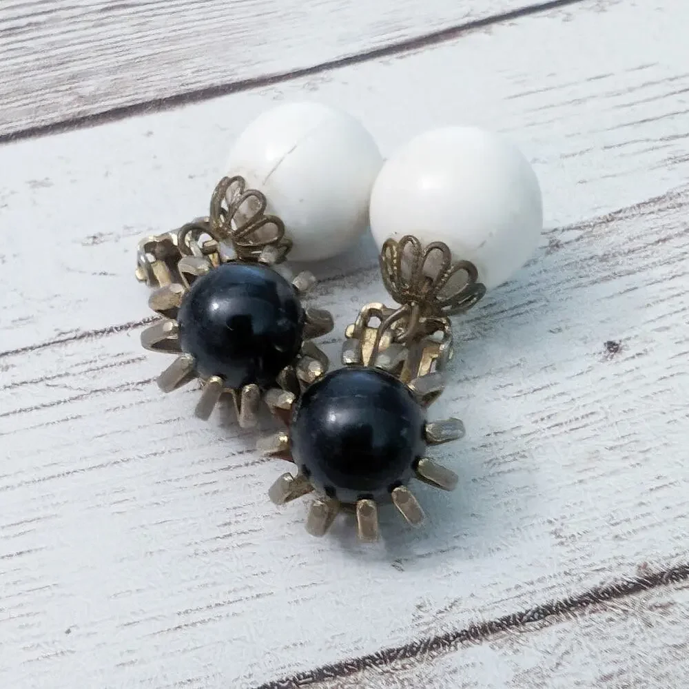 Vintage Clip On Earrings Large Chunky Black and Off White Dangle